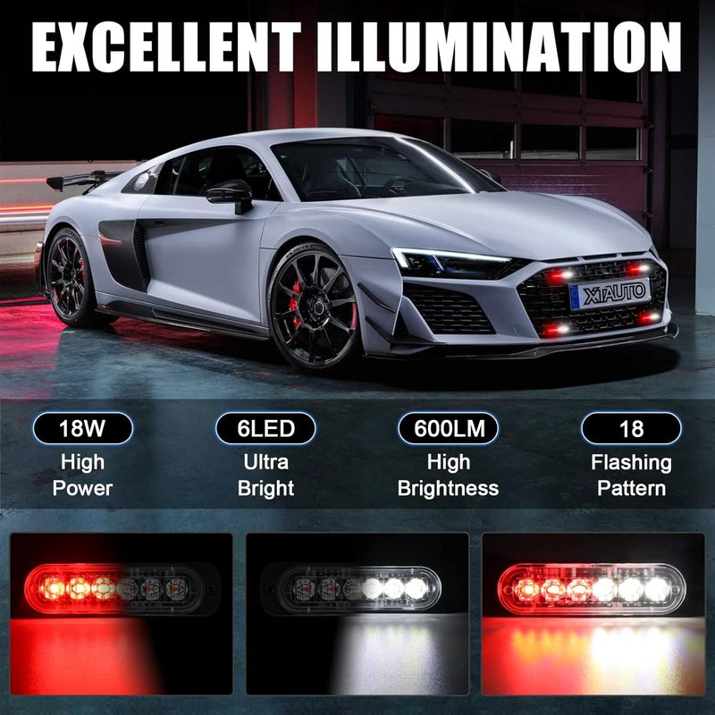 XTAUTO 10pcs LED Emergency Strobe Light, Red White 6-LED Ultra Slim Surface Mount Flashing Warning Beacon Hazard Construction Caution Grille Light Bar for Truck Car Off Road Vehicles - Image 2